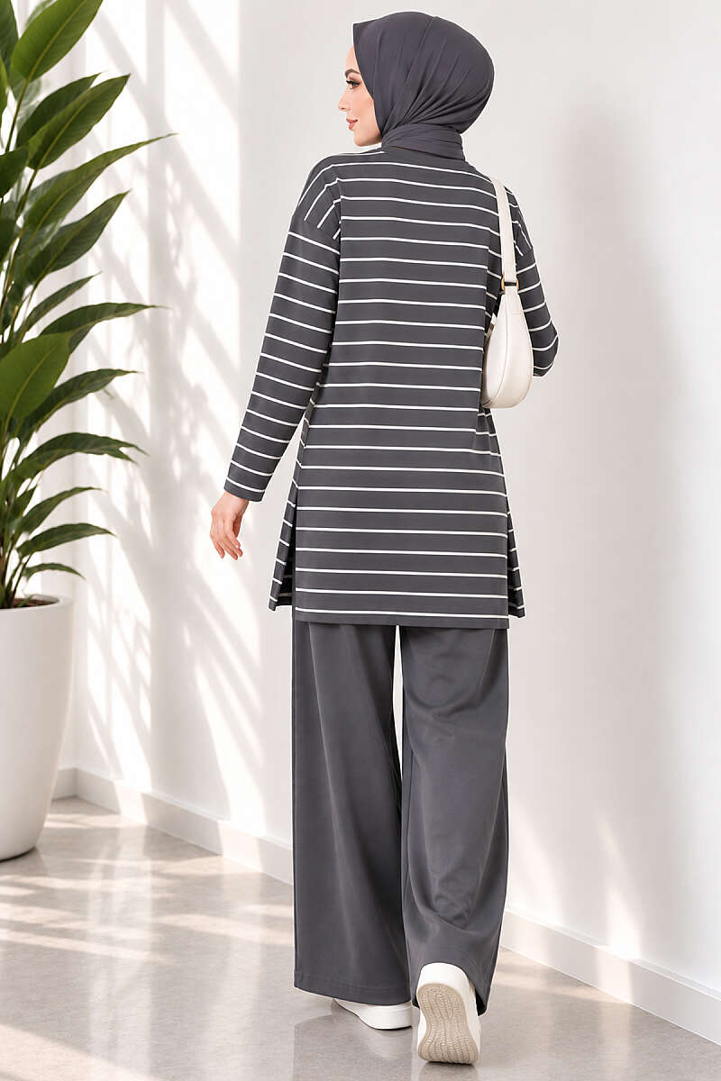 Striped-Trim Tunic - Smoke Grey