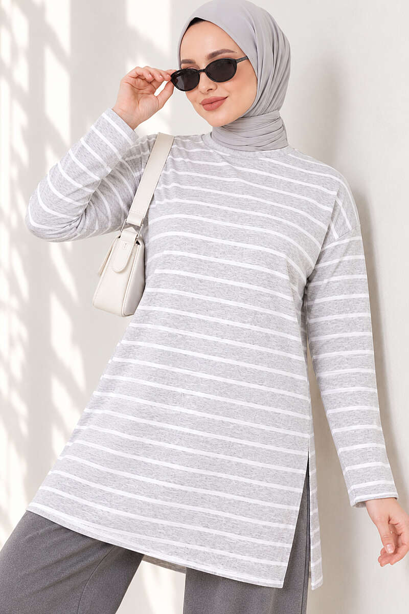 Striped-Trim Tunic - Grey