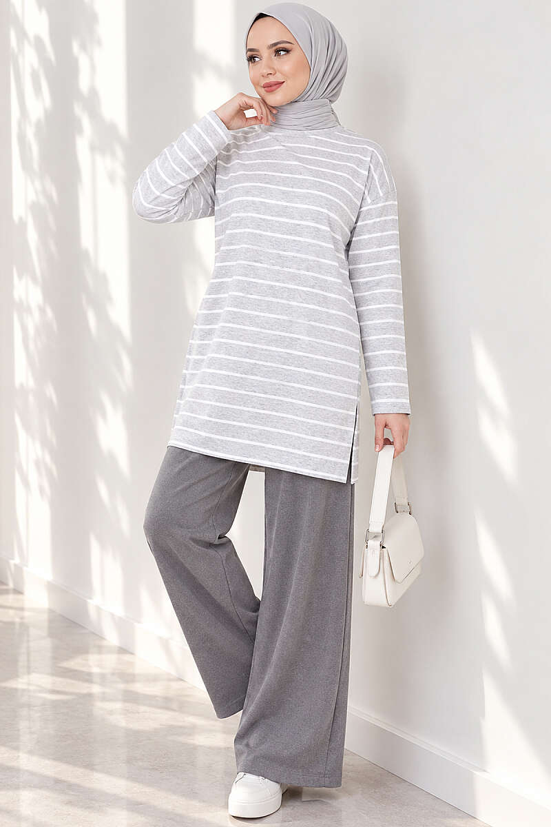 Striped-Trim Tunic - Grey
