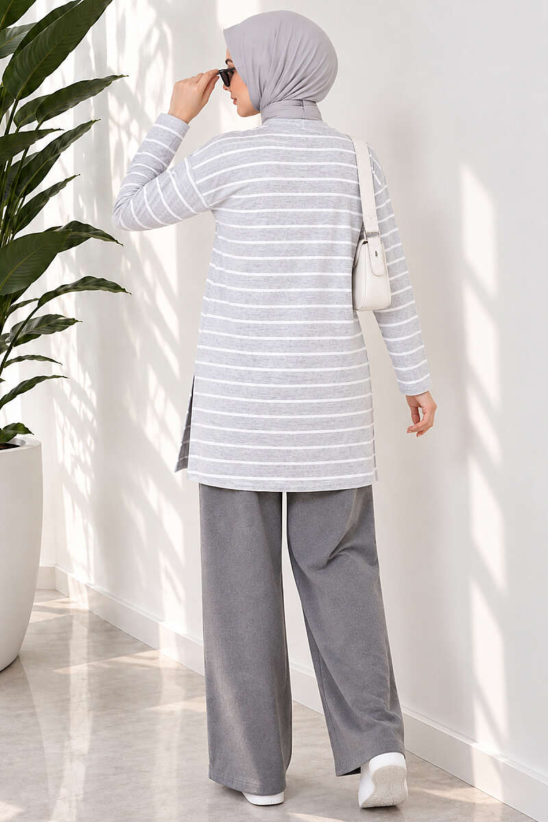 Striped-Trim Tunic - Grey