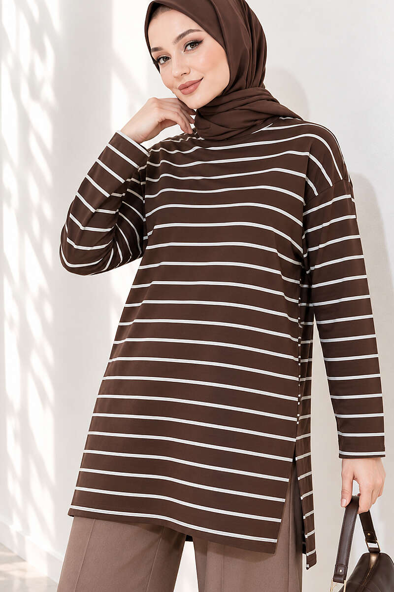 Striped-Trim Tunic - Brown
