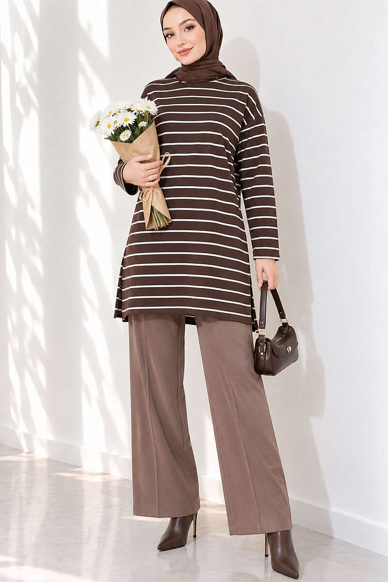 Striped-Trim Tunic - Brown