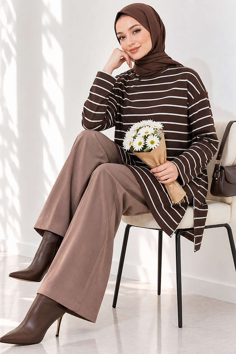 Striped-Trim Tunic - Brown