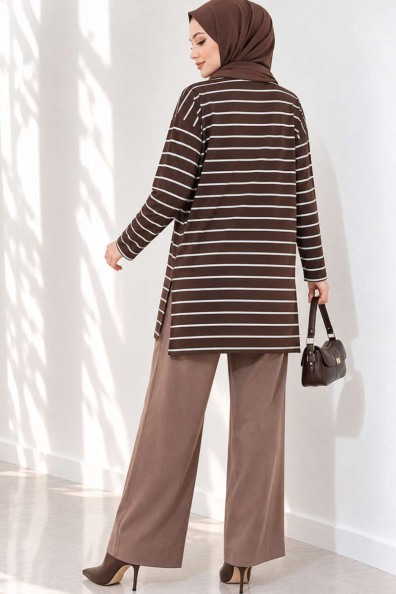 Striped-Trim Tunic - Brown
