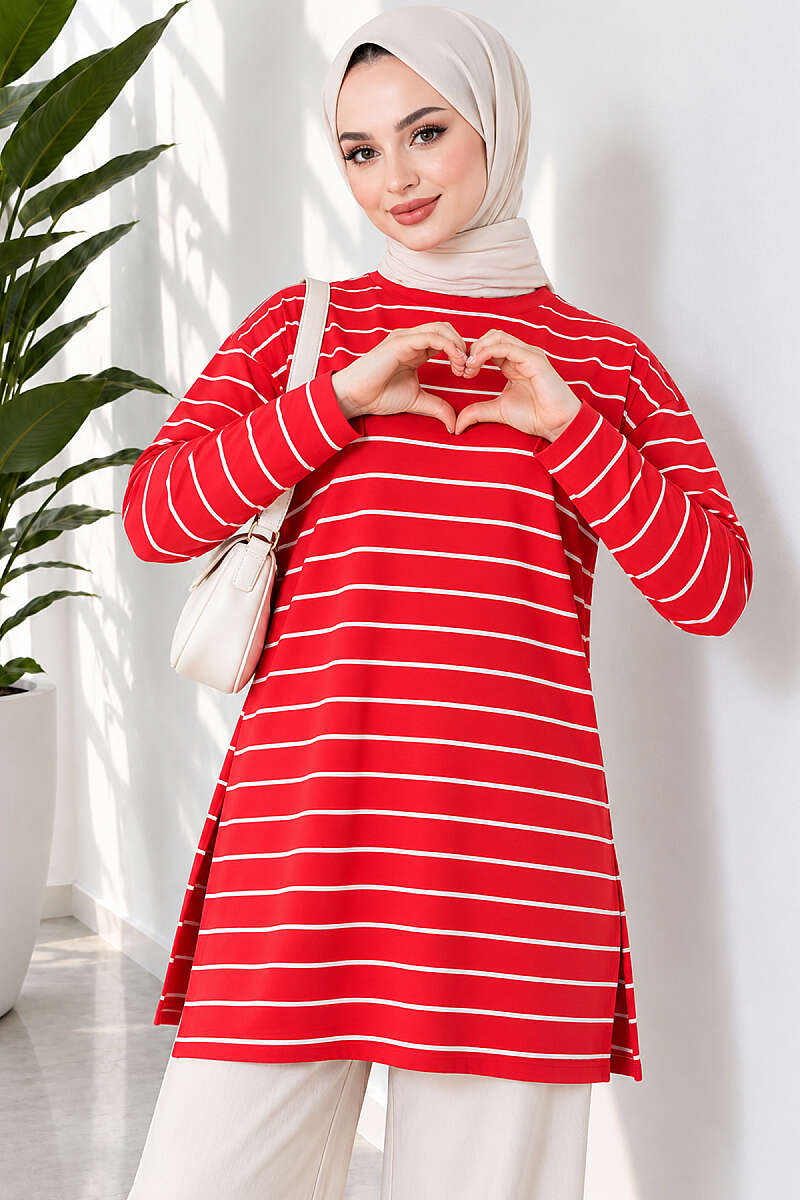 Striped-Trim Tunic - Red