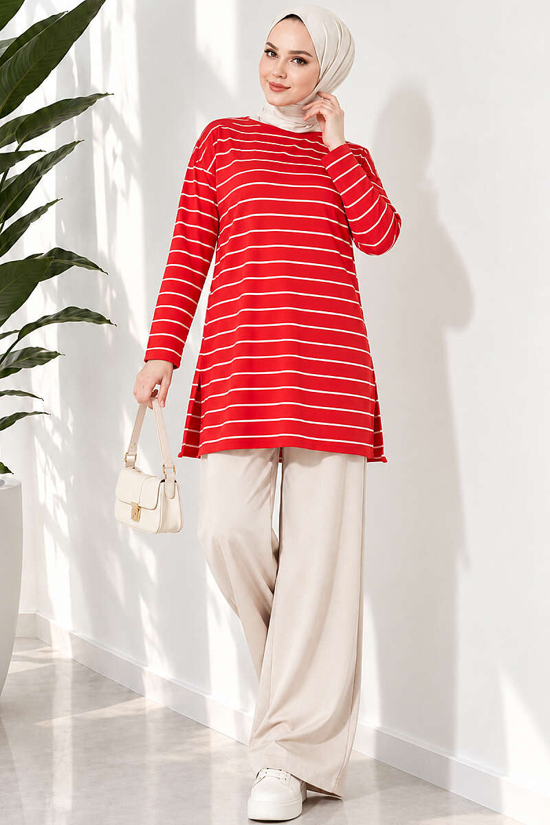 Striped-Trim Tunic - Red