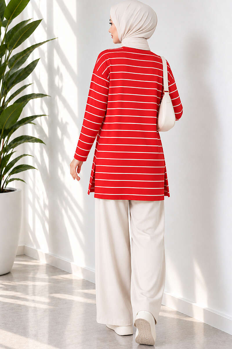 Striped-Trim Tunic - Red
