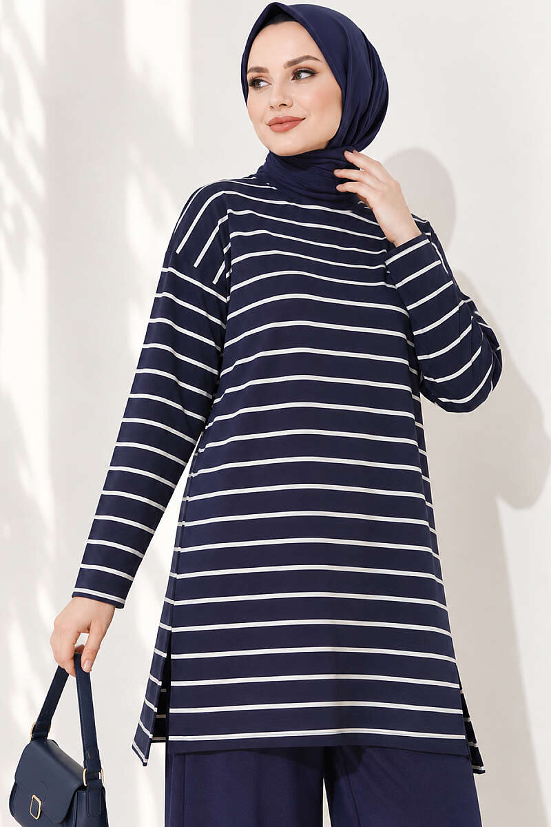 Striped-Trim Tunic - Navy