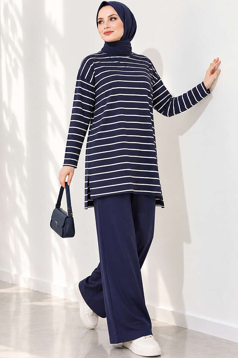 Striped-Trim Tunic - Navy