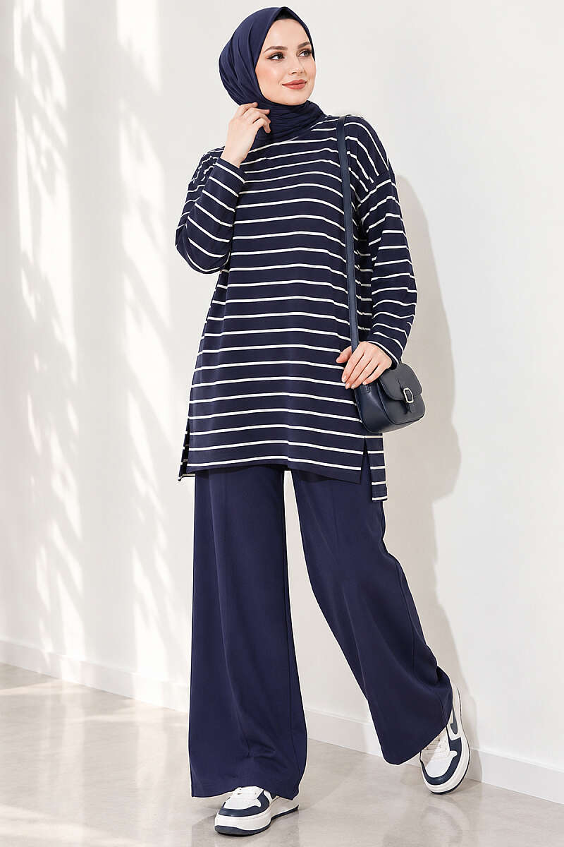 Striped-Trim Tunic - Navy