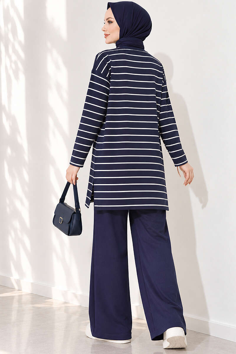 Striped-Trim Tunic - Navy