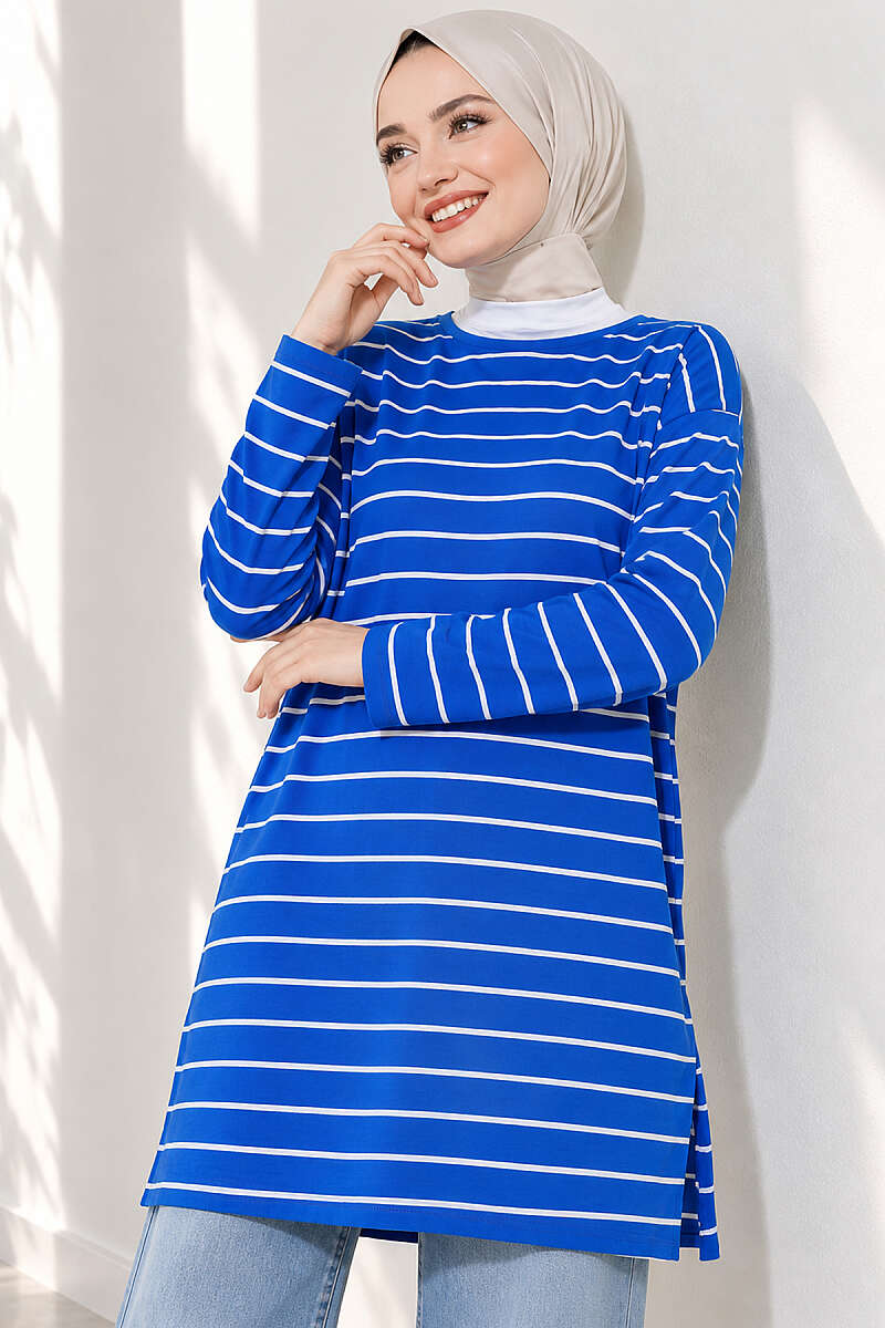 Striped-Trim Tunic - Saxe Blue