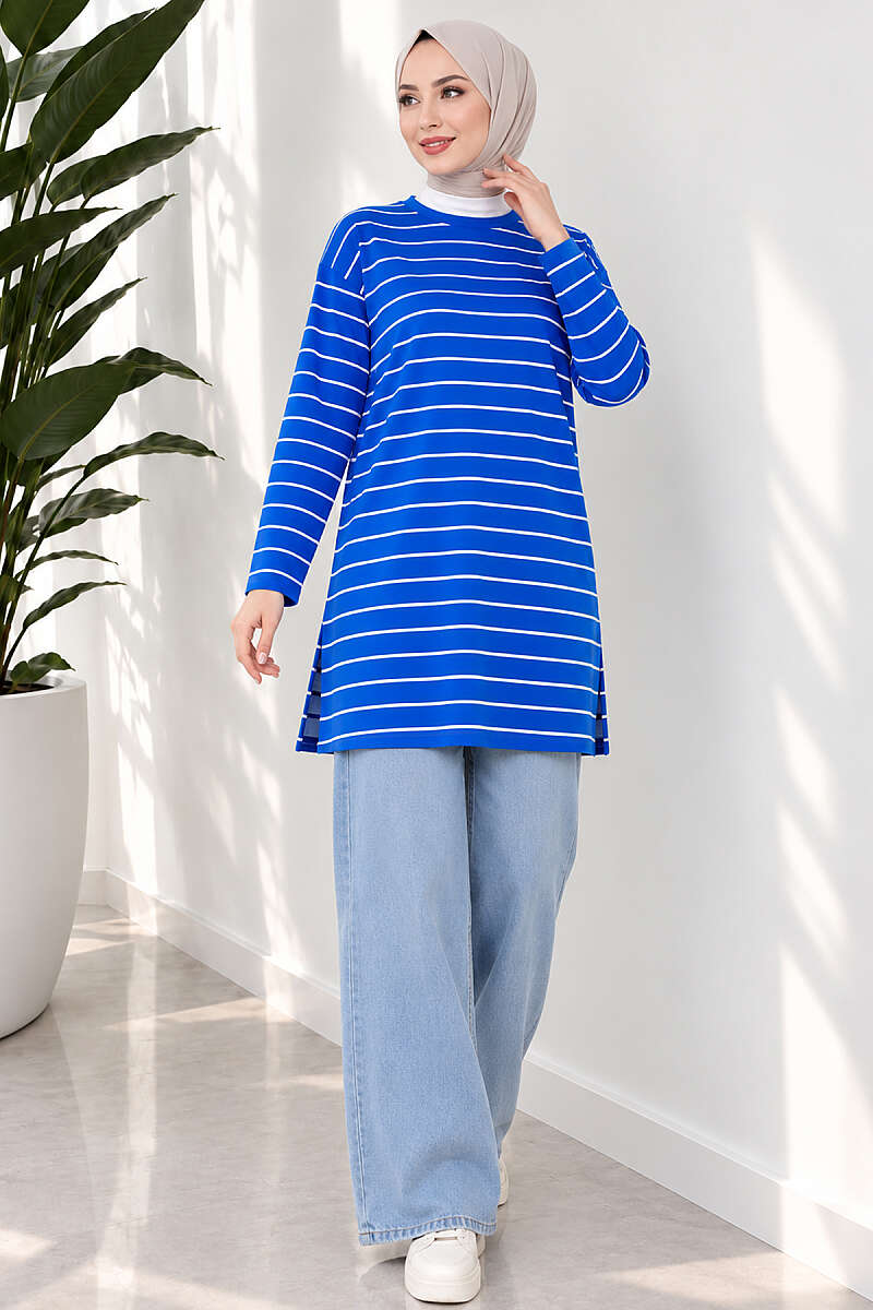 Striped-Trim Tunic - Saxe Blue