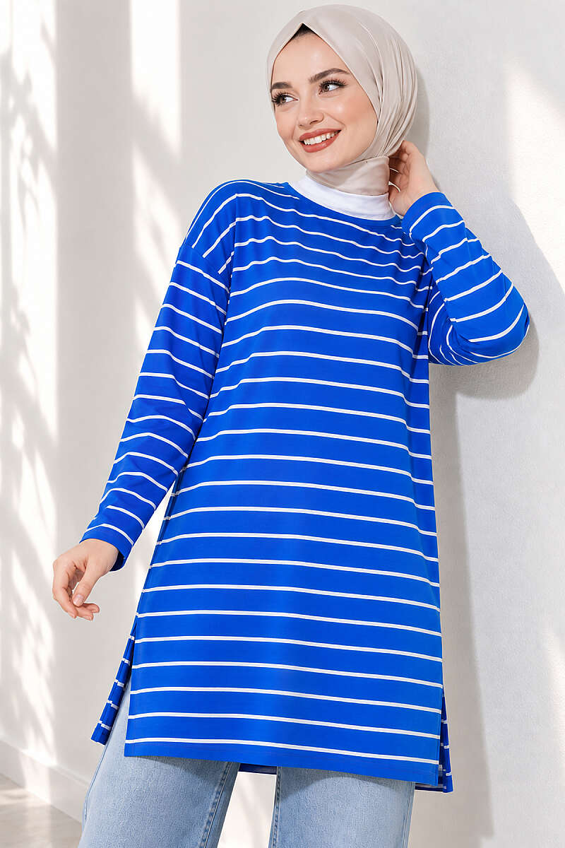 Striped-Trim Tunic - Saxe Blue