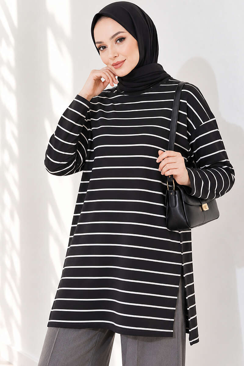 Striped-Trim Tunic - Black