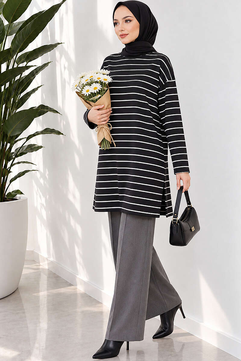 Striped-Trim Tunic - Black