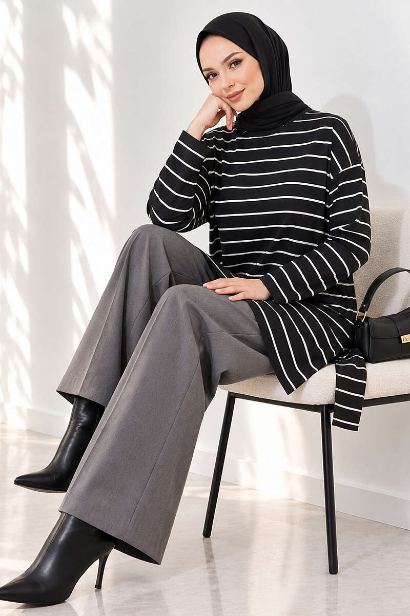 Striped-Trim Tunic - Black
