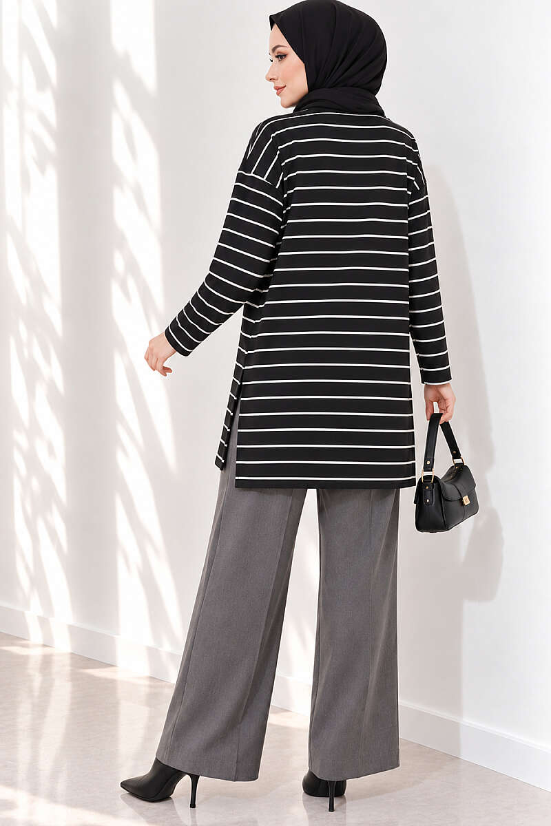 Striped-Trim Tunic - Black
