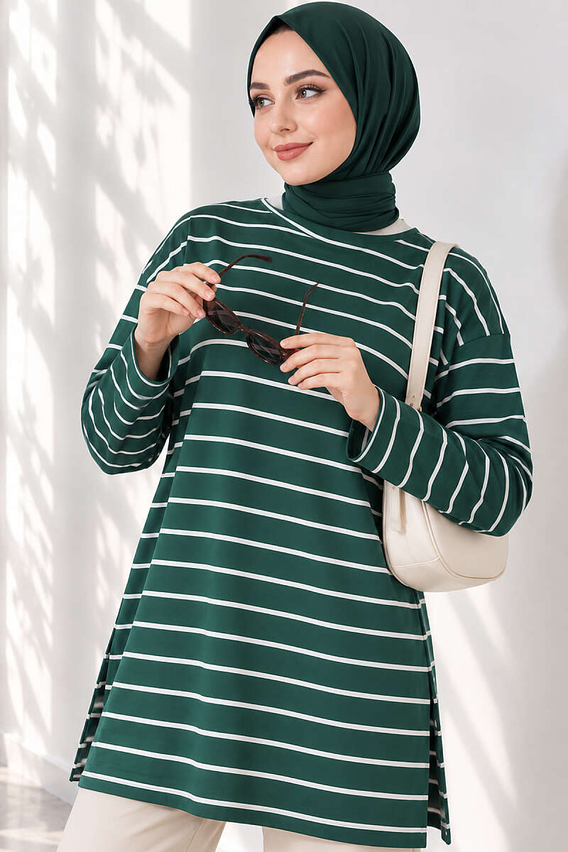 Striped-Trim Tunic - Emerald