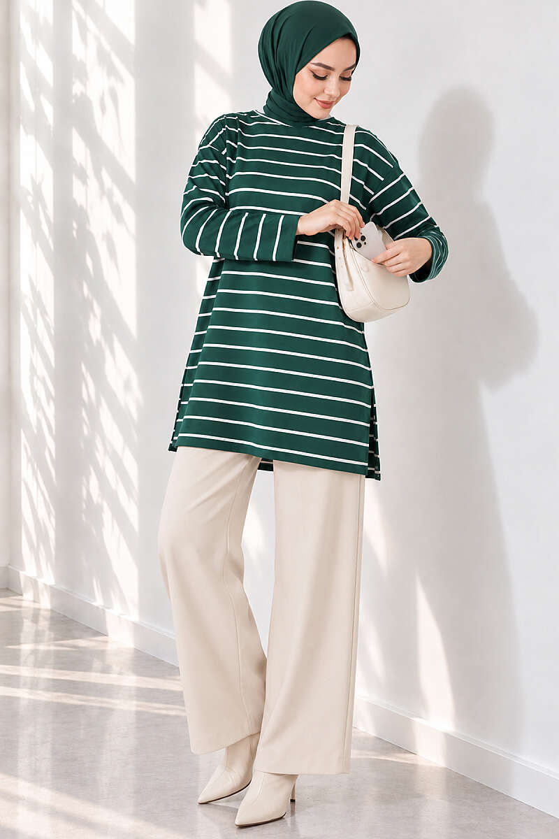 Striped-Trim Tunic - Emerald