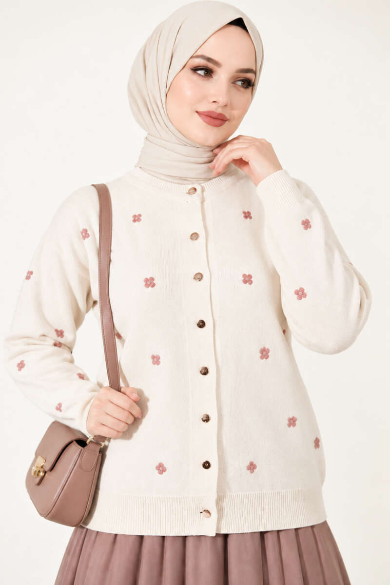 Scattered Floral Embroidered Knit Cardigan - Beige