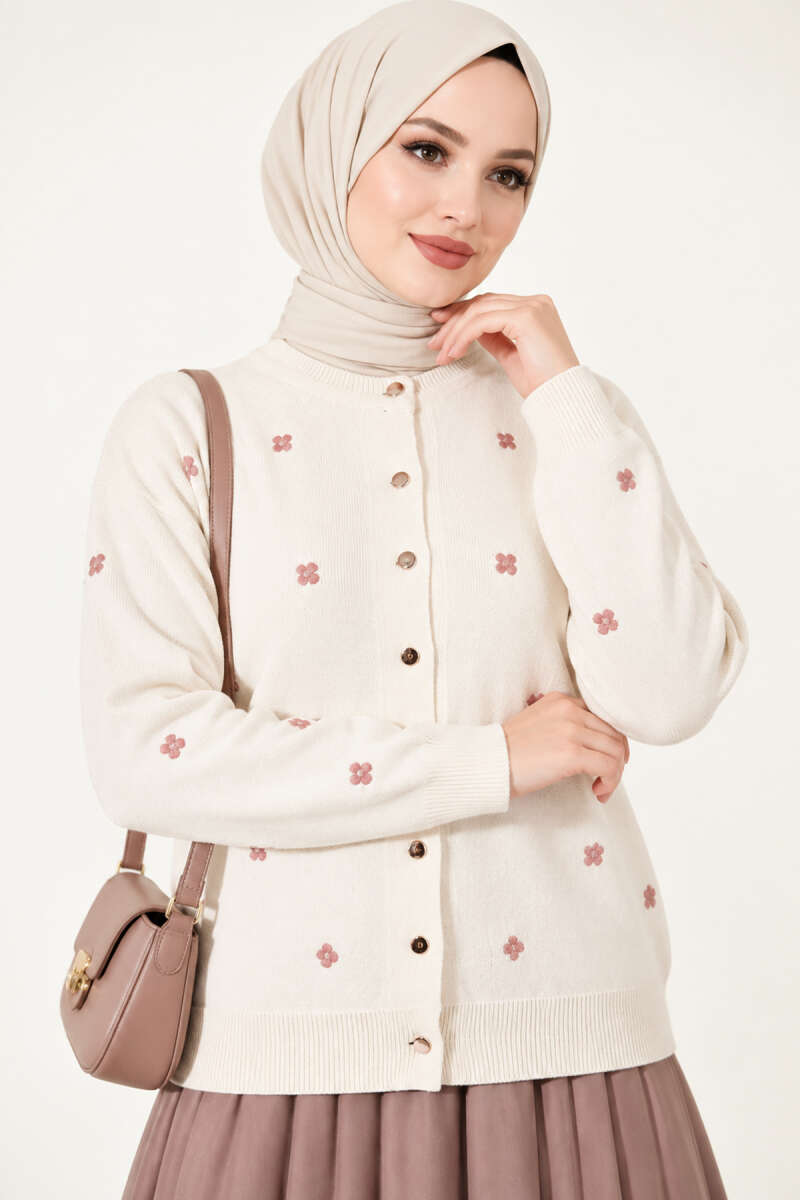 Scattered Floral Embroidered Knit Cardigan - Beige