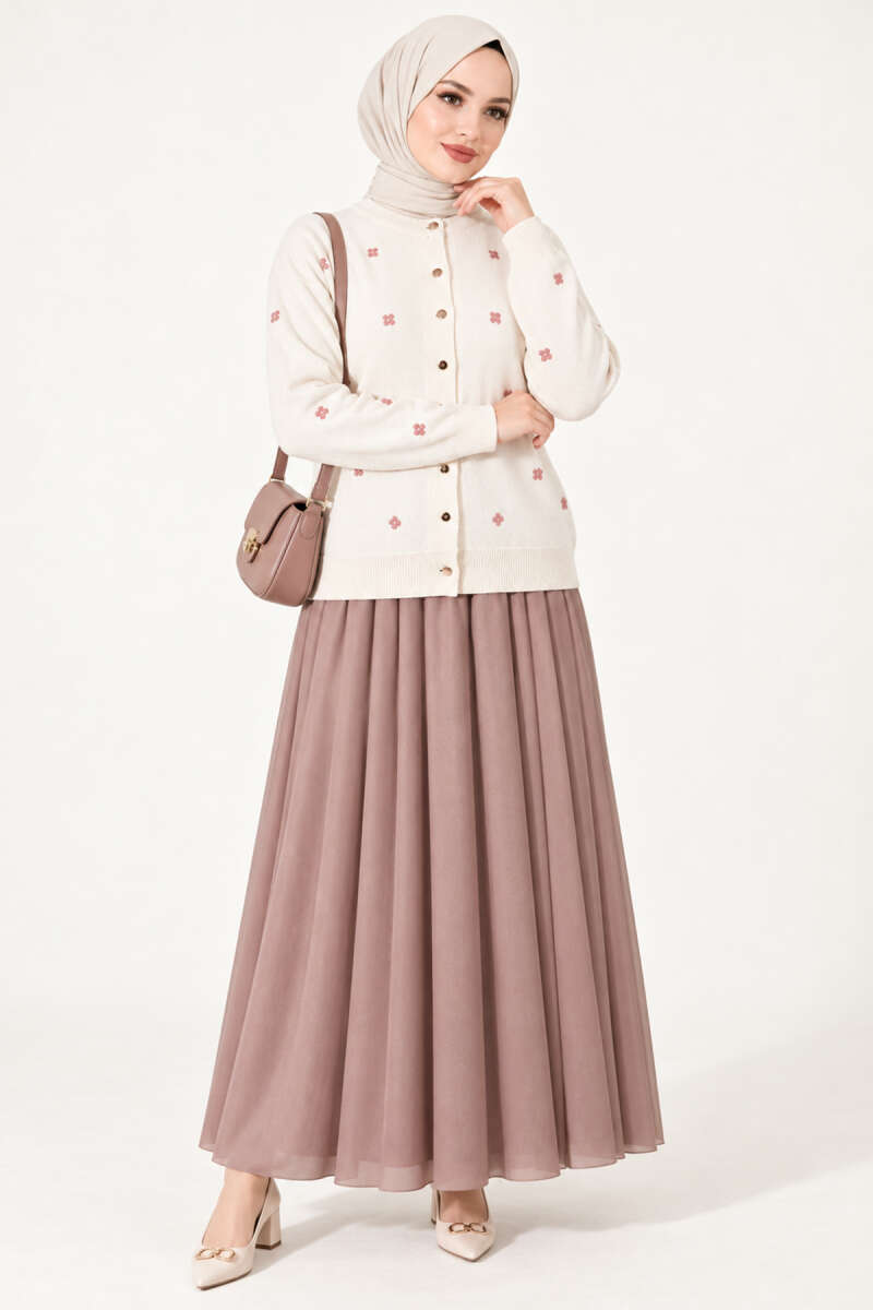 Scattered Floral Embroidered Knit Cardigan - Beige