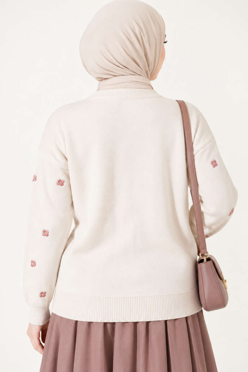Scattered Floral Embroidered Knit Cardigan - Beige