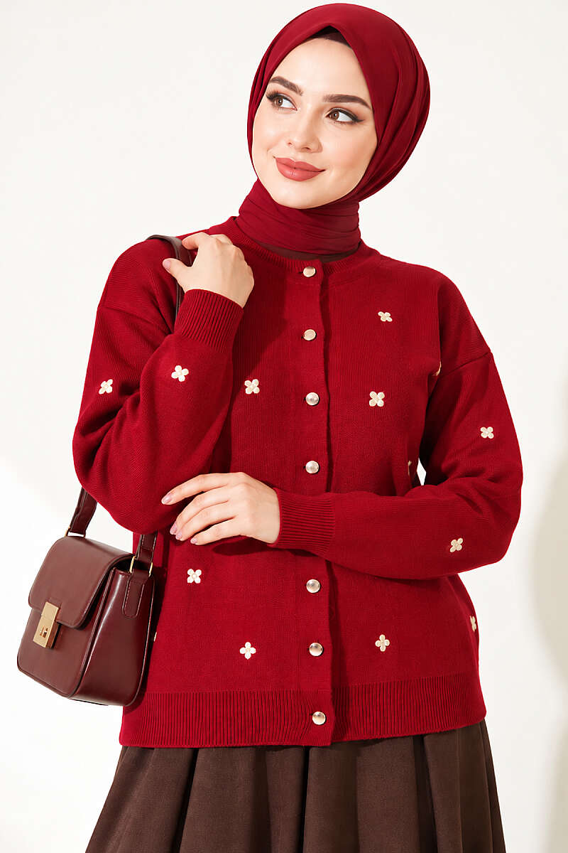 Scattered Floral Embroidered Knit Cardigan - Burgundy