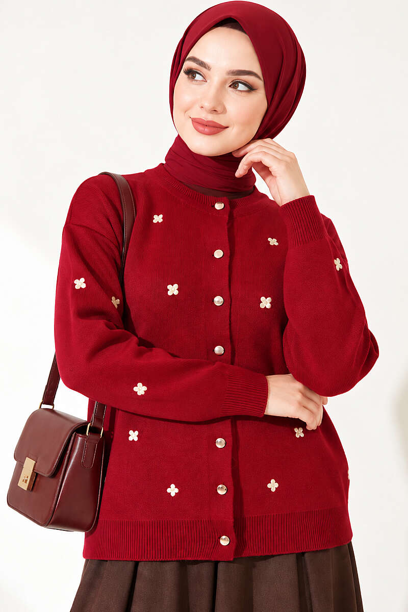 Scattered Floral Embroidered Knit Cardigan - Burgundy