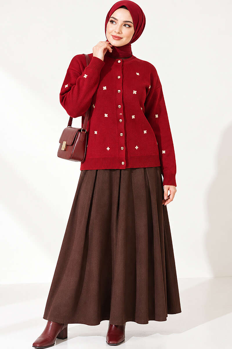 Scattered Floral Embroidered Knit Cardigan - Burgundy