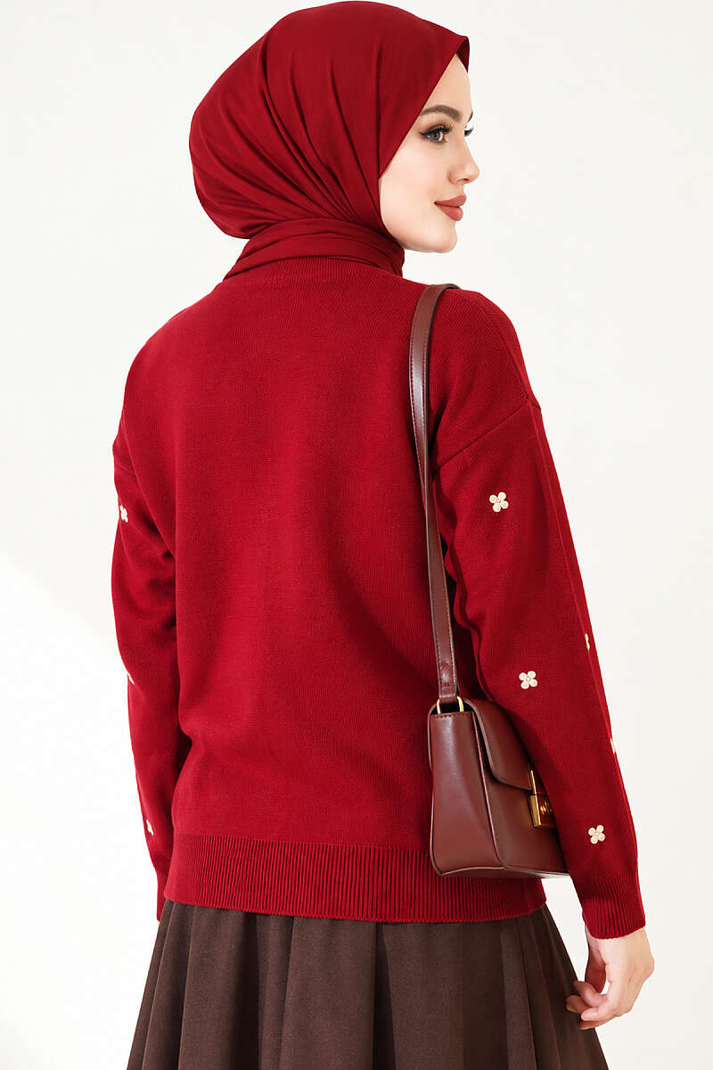 Scattered Floral Embroidered Knit Cardigan - Burgundy