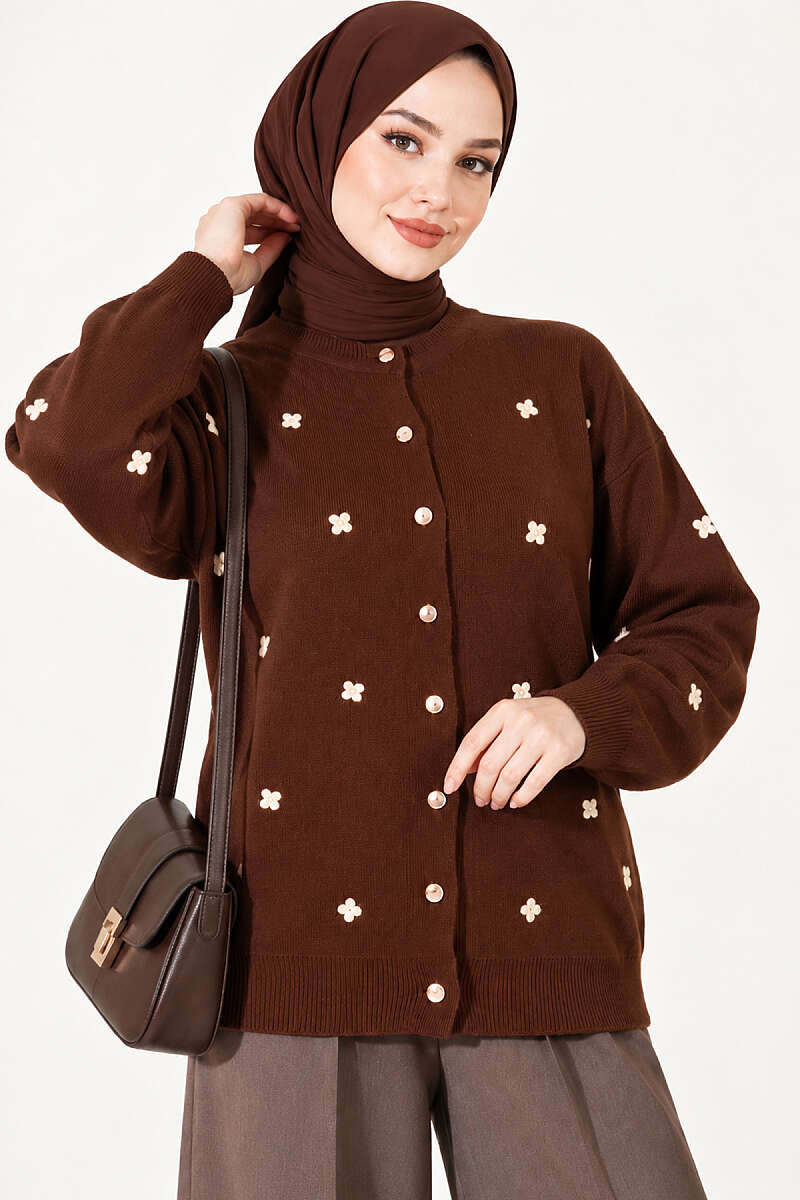 Scattered Floral Embroidered Knit Cardigan - Brown