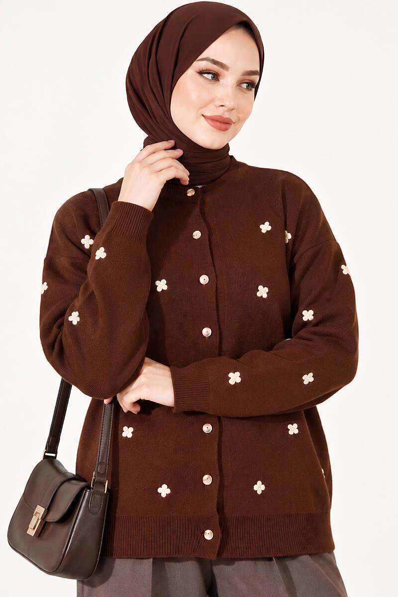 Scattered Floral Embroidered Knit Cardigan - Brown