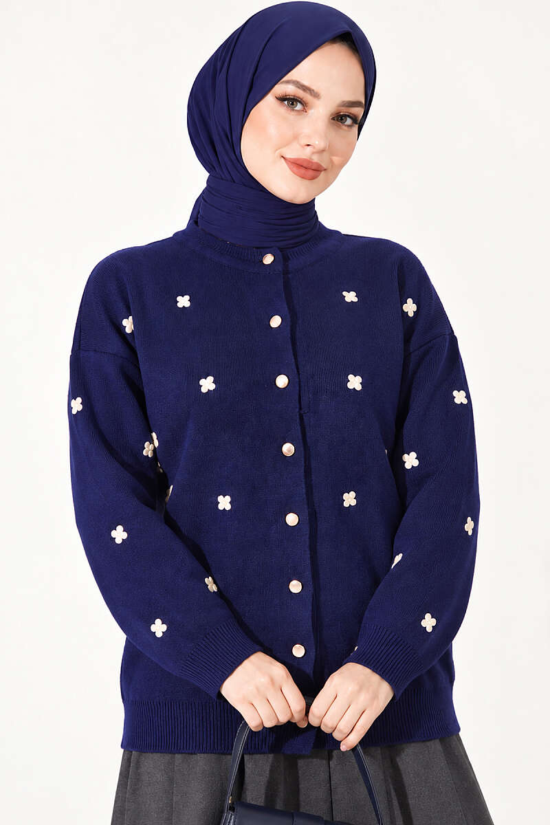 Scattered Floral Embroidered Knit Cardigan - Navy