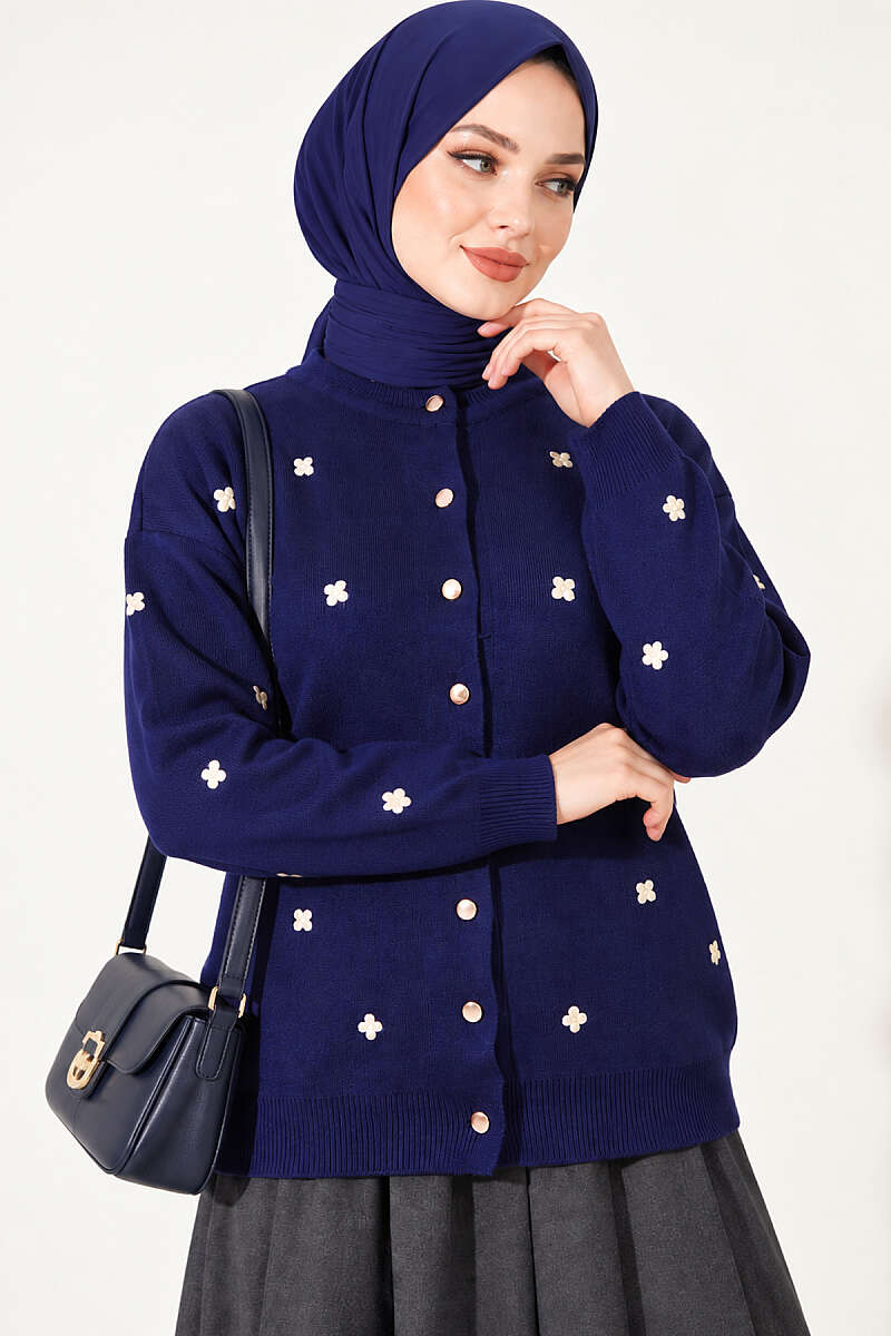 Scattered Floral Embroidered Knit Cardigan - Navy