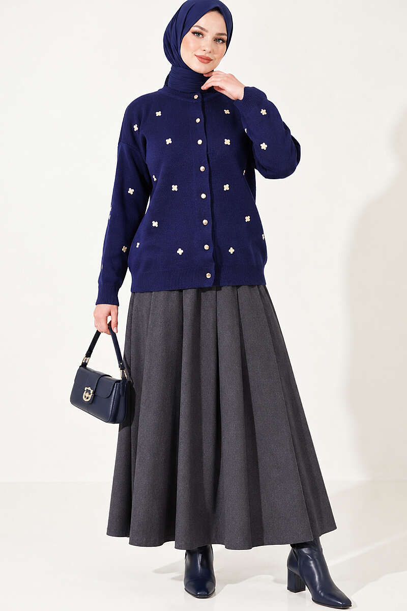 Scattered Floral Embroidered Knit Cardigan - Navy