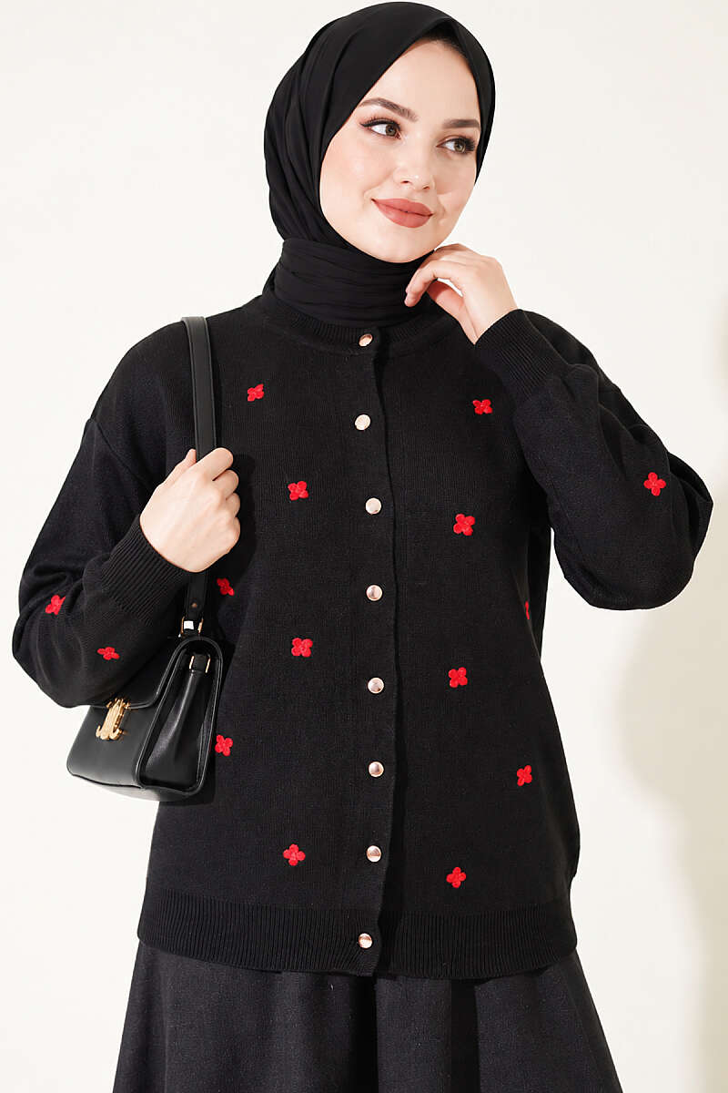 Scattered Floral Embroidered Knit Cardigan - Black