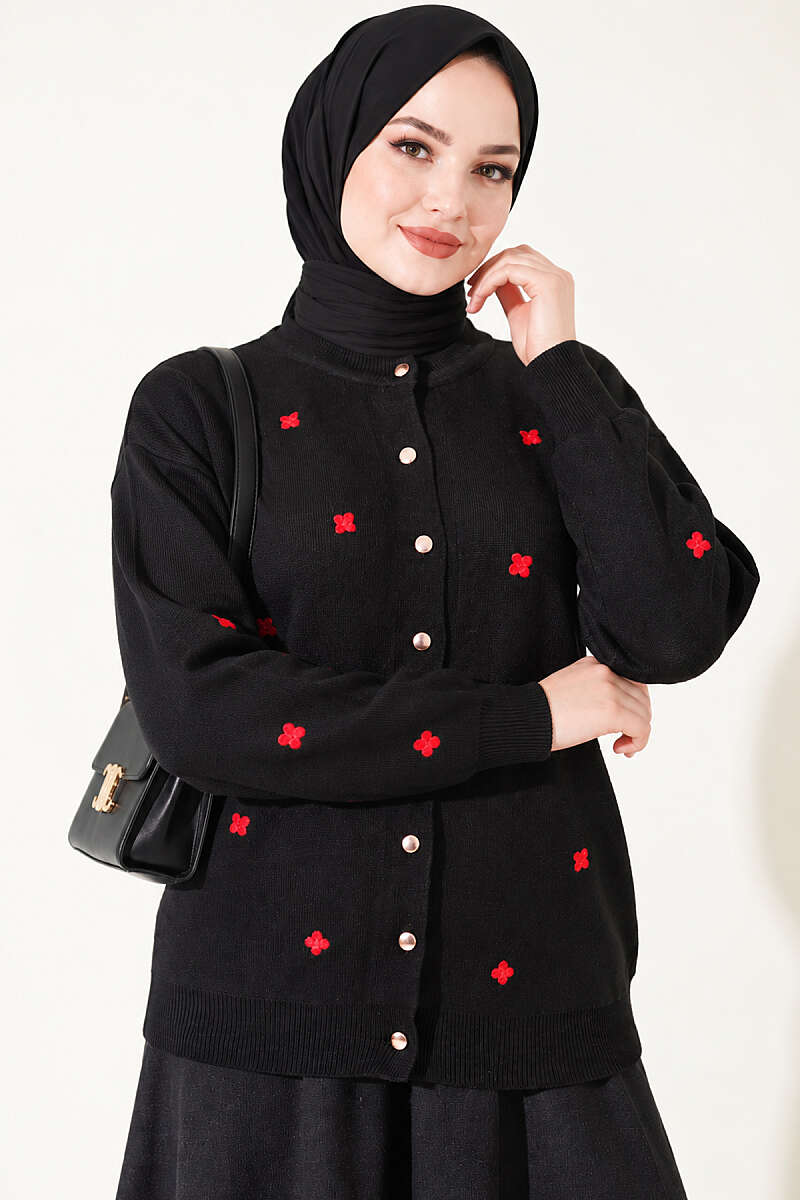 Scattered Floral Embroidered Knit Cardigan - Black