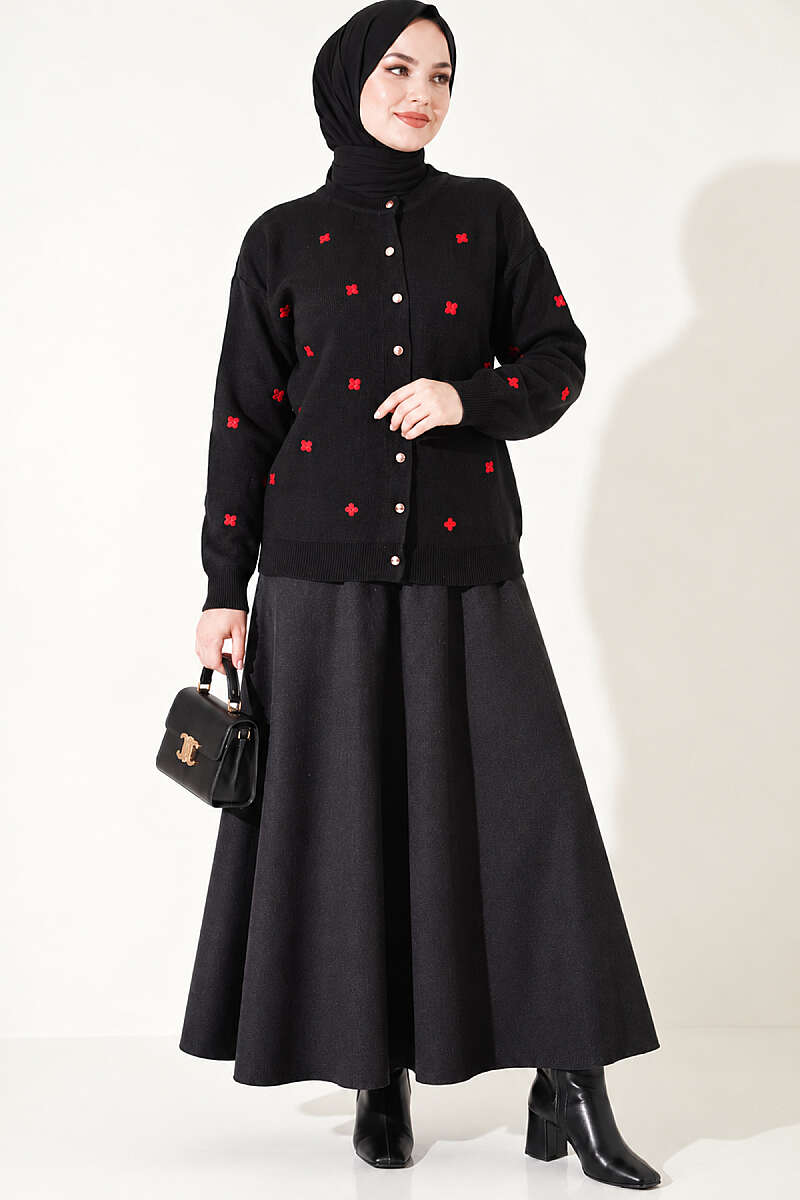 Scattered Floral Embroidered Knit Cardigan - Black