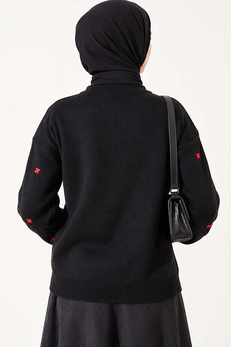 Scattered Floral Embroidered Knit Cardigan - Black