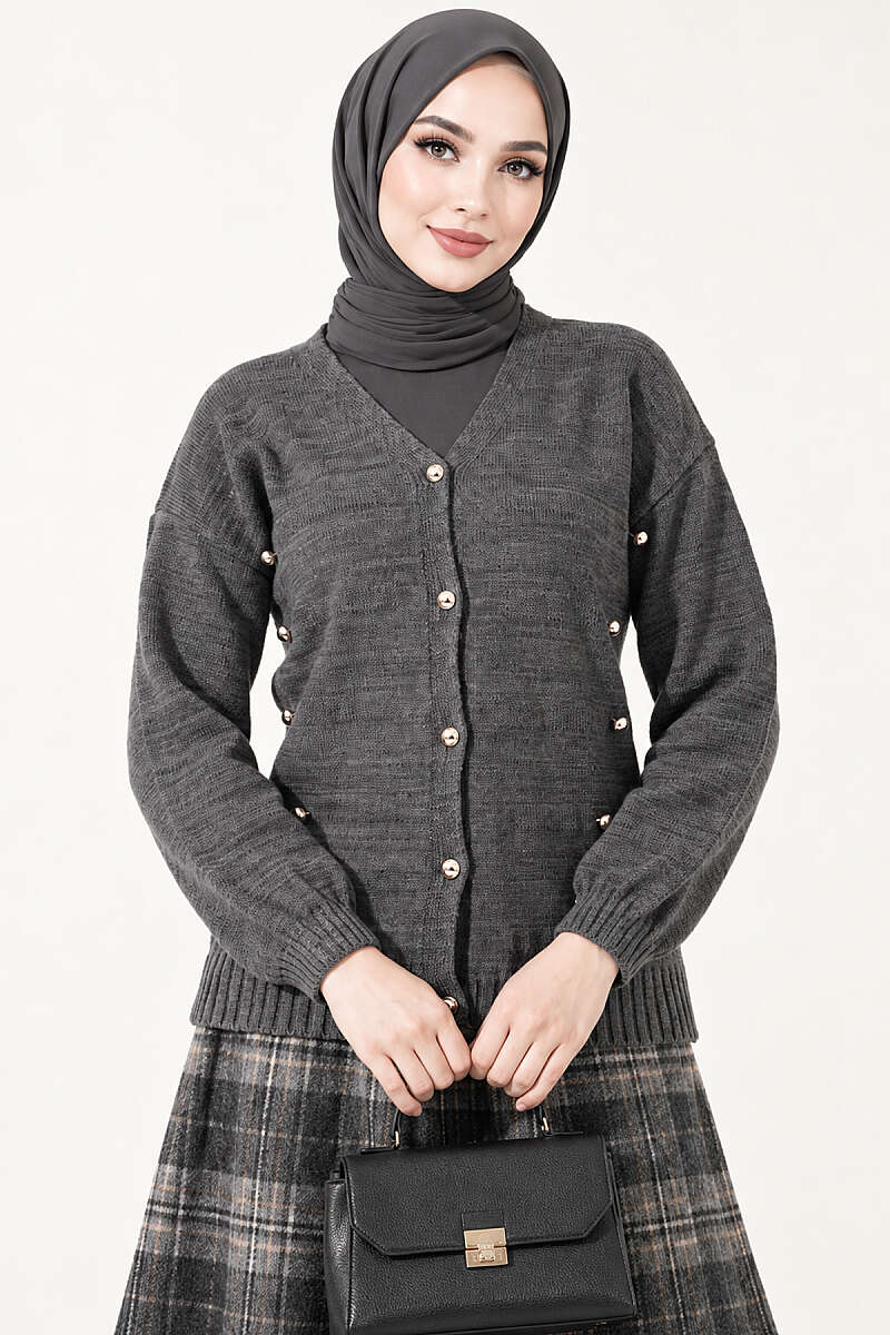 Knit Cardigan with Scattered Buttons - Smoke Grey