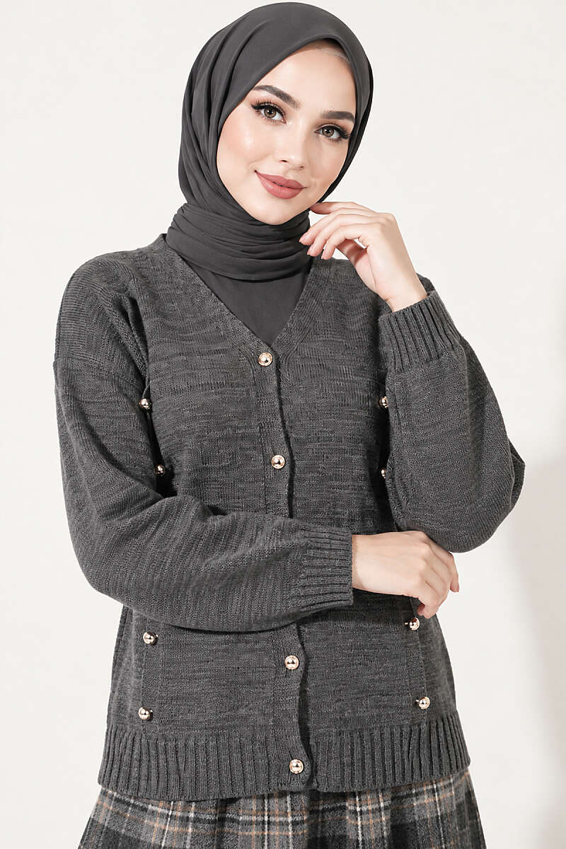 Knit Cardigan with Scattered Buttons - Smoke Grey