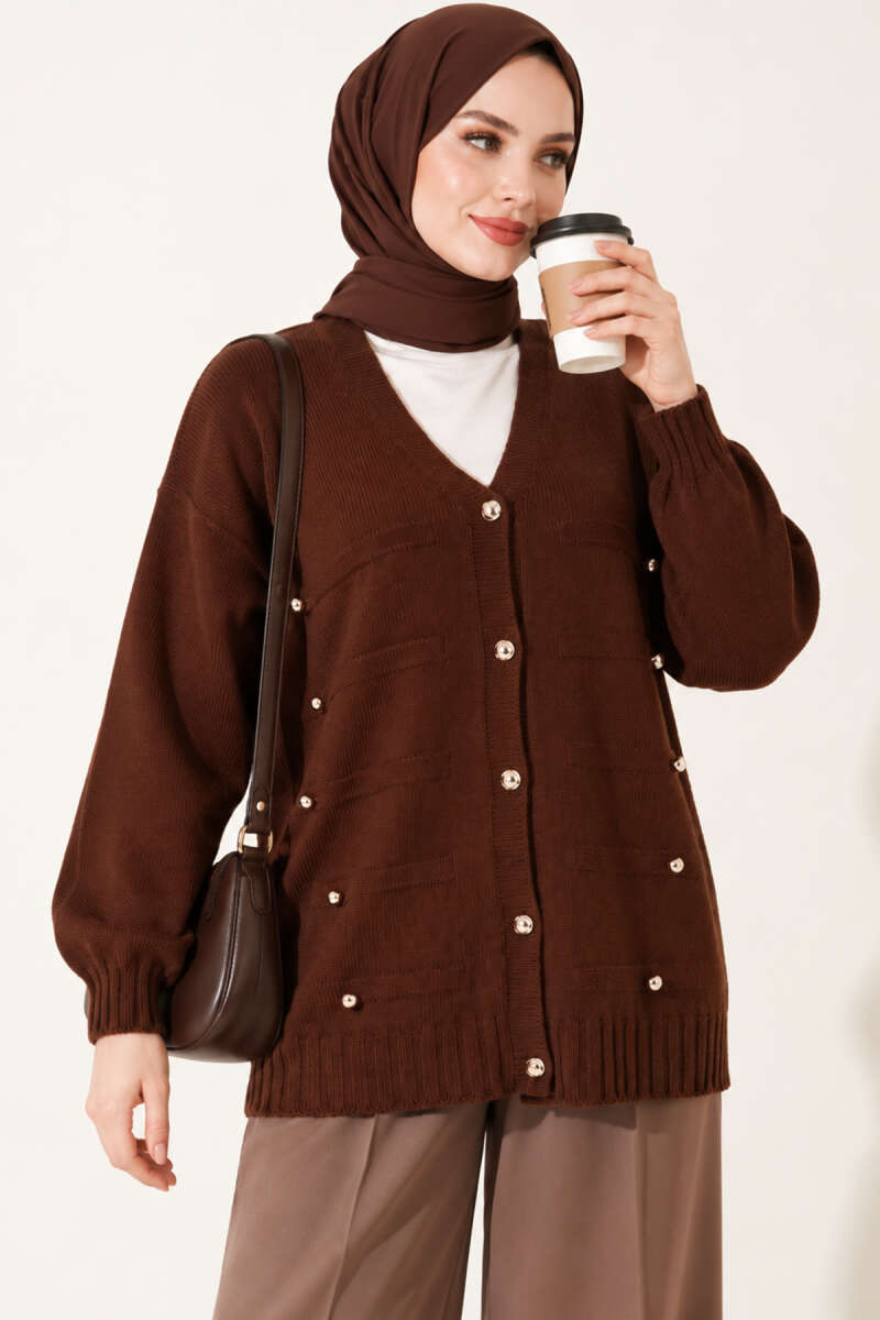 Knit Cardigan with Scattered Buttons - Brown