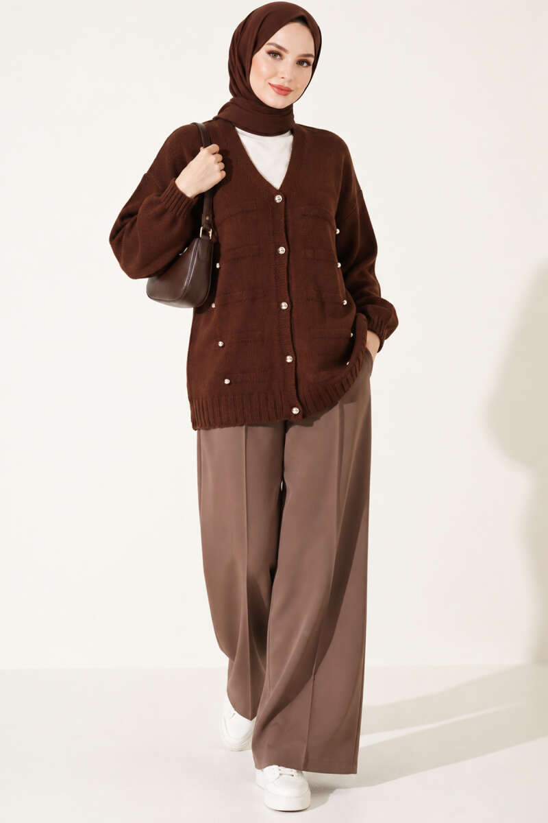 Knit Cardigan with Scattered Buttons - Brown