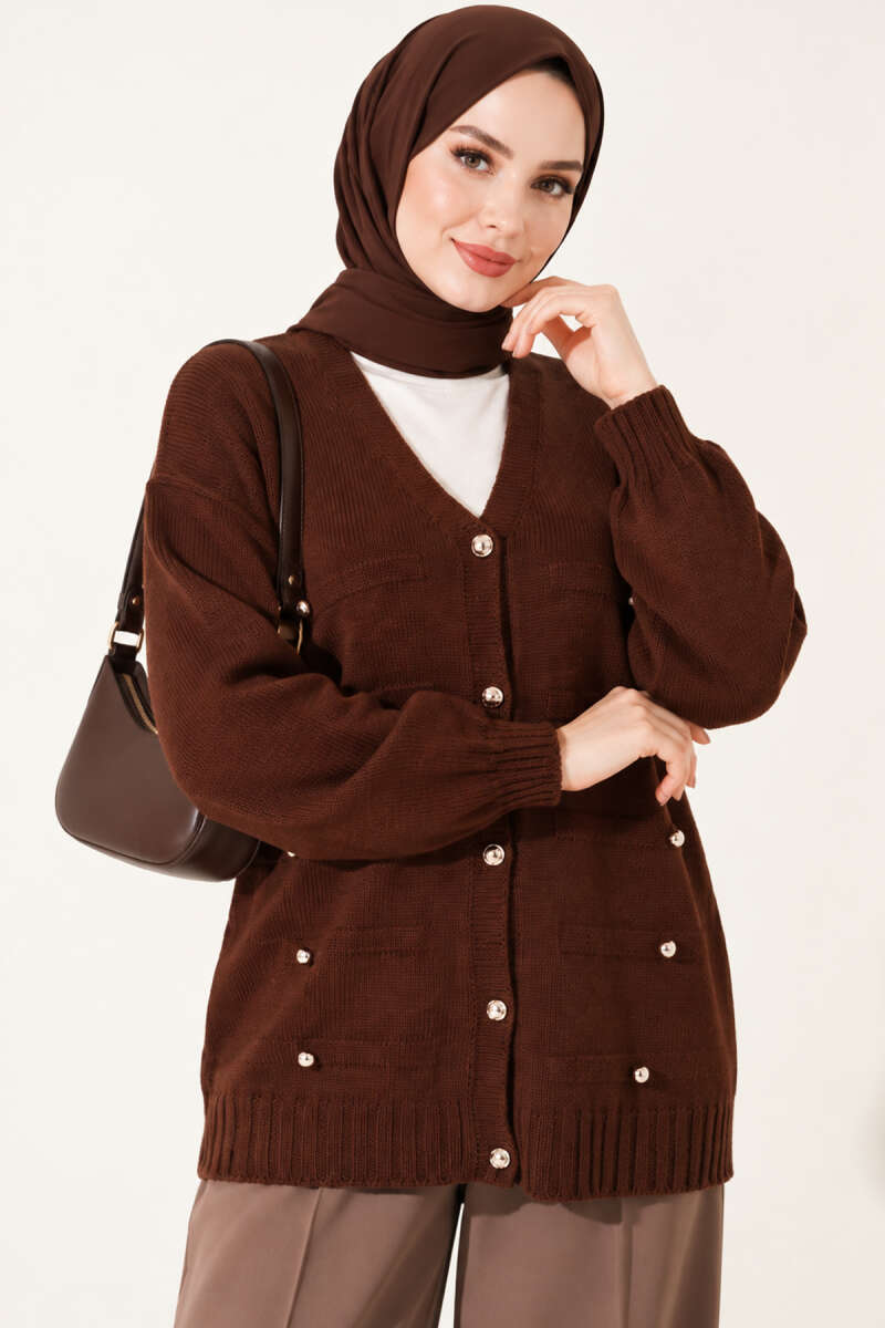 Knit Cardigan with Scattered Buttons - Brown