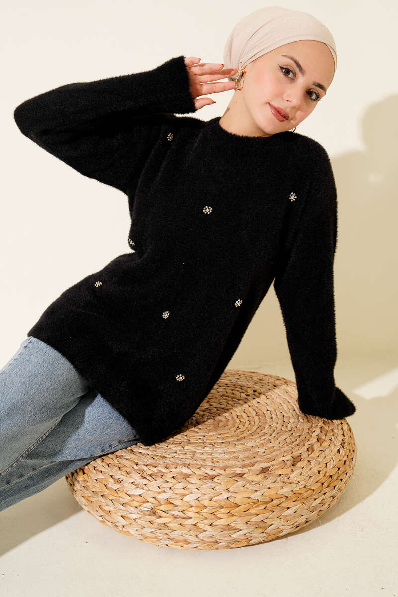 Fluffy Tunic with Scattered Stones - Black