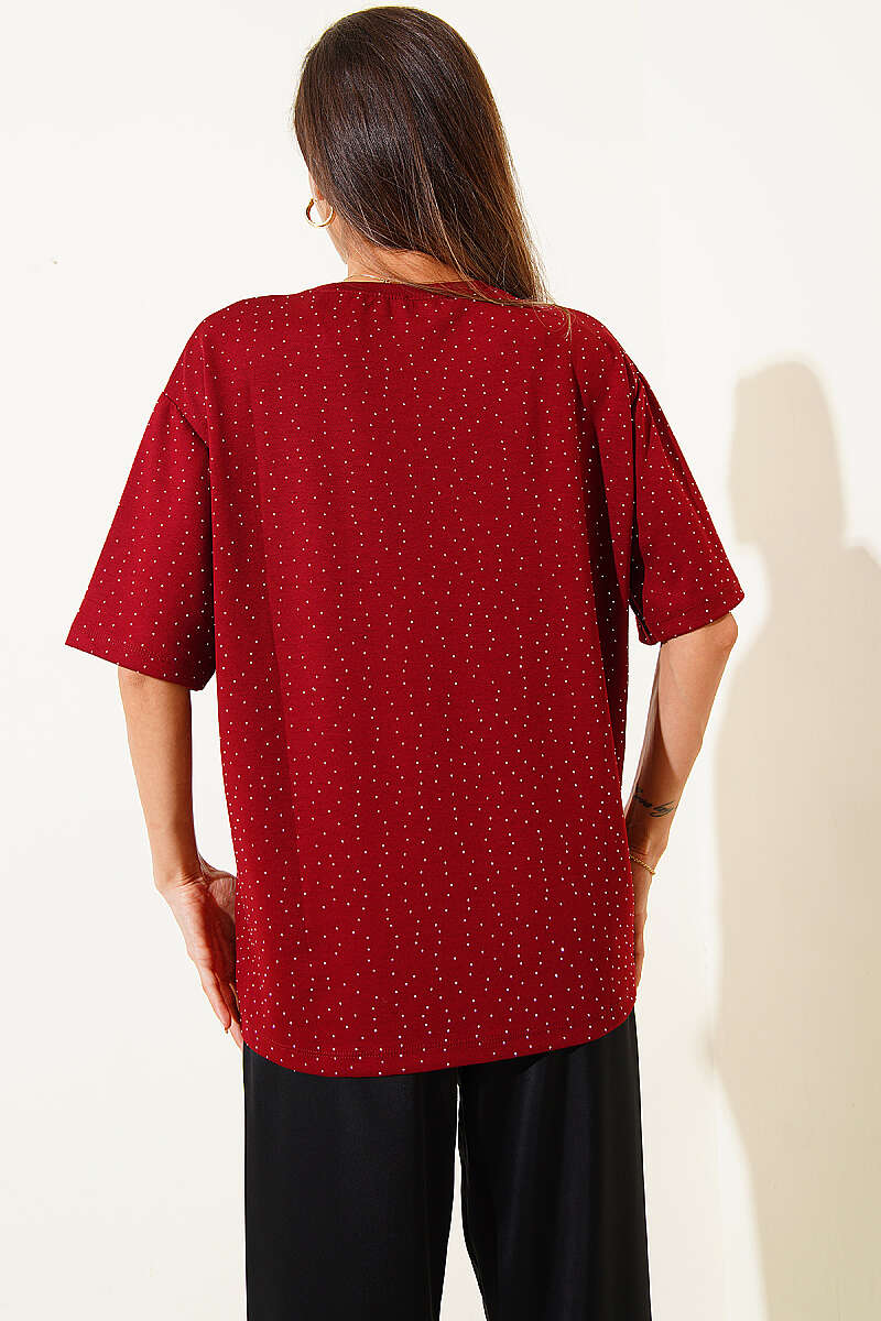 Basic T-Shirt with Scattered Stones - Burgundy