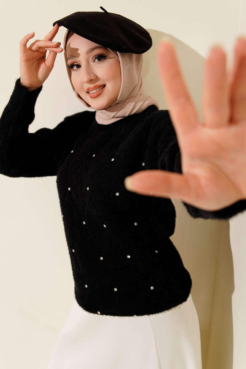 Striped Fluffy Sweater with Scattered Stones - Black