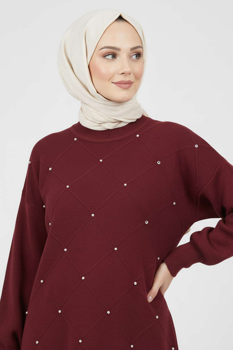 Scattered-Stone Knit Tunic - Burgundy